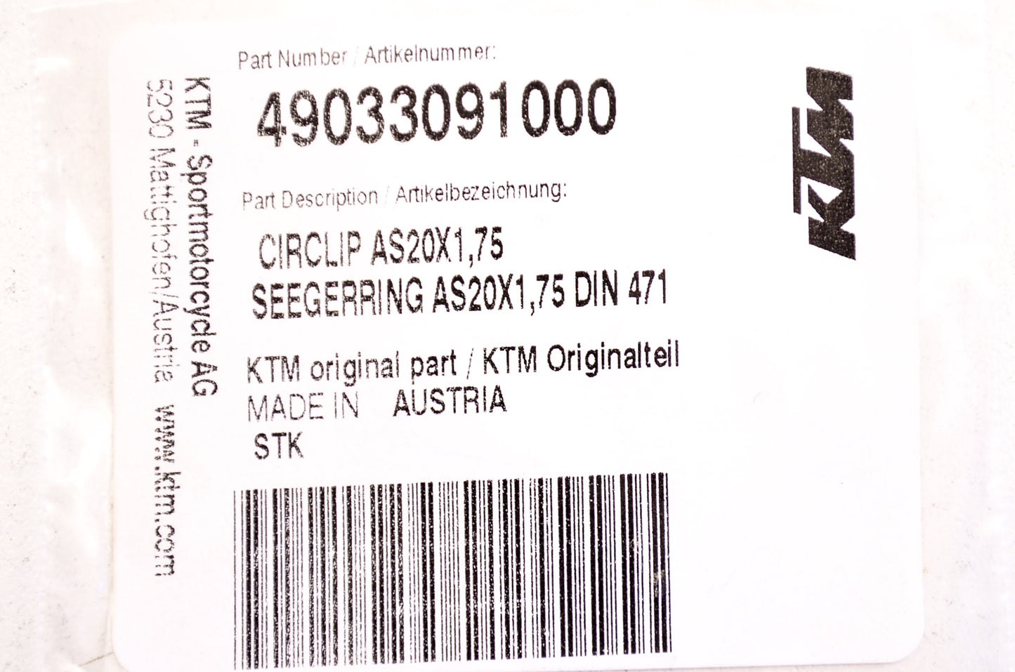 OEM KTM 49033091000 Circlip 20x1.75 NOS