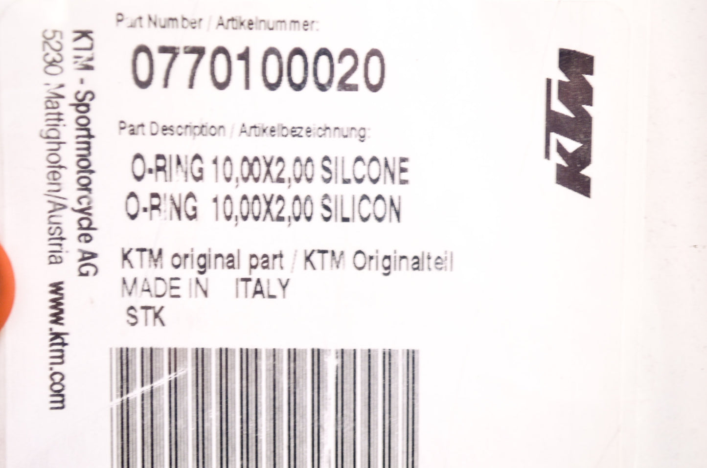 OEM KTM 770100020 Silicone O-Ring 10x2 NOS
