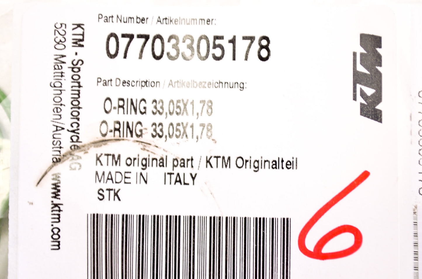 OEM KTM 7703305178 O-Ring 33.05X1.78 NOS