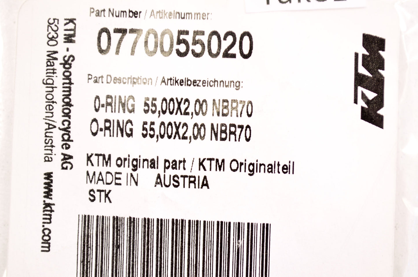 OEM KTM 770055020 Oil Filter O-Ring 55x2 NOS