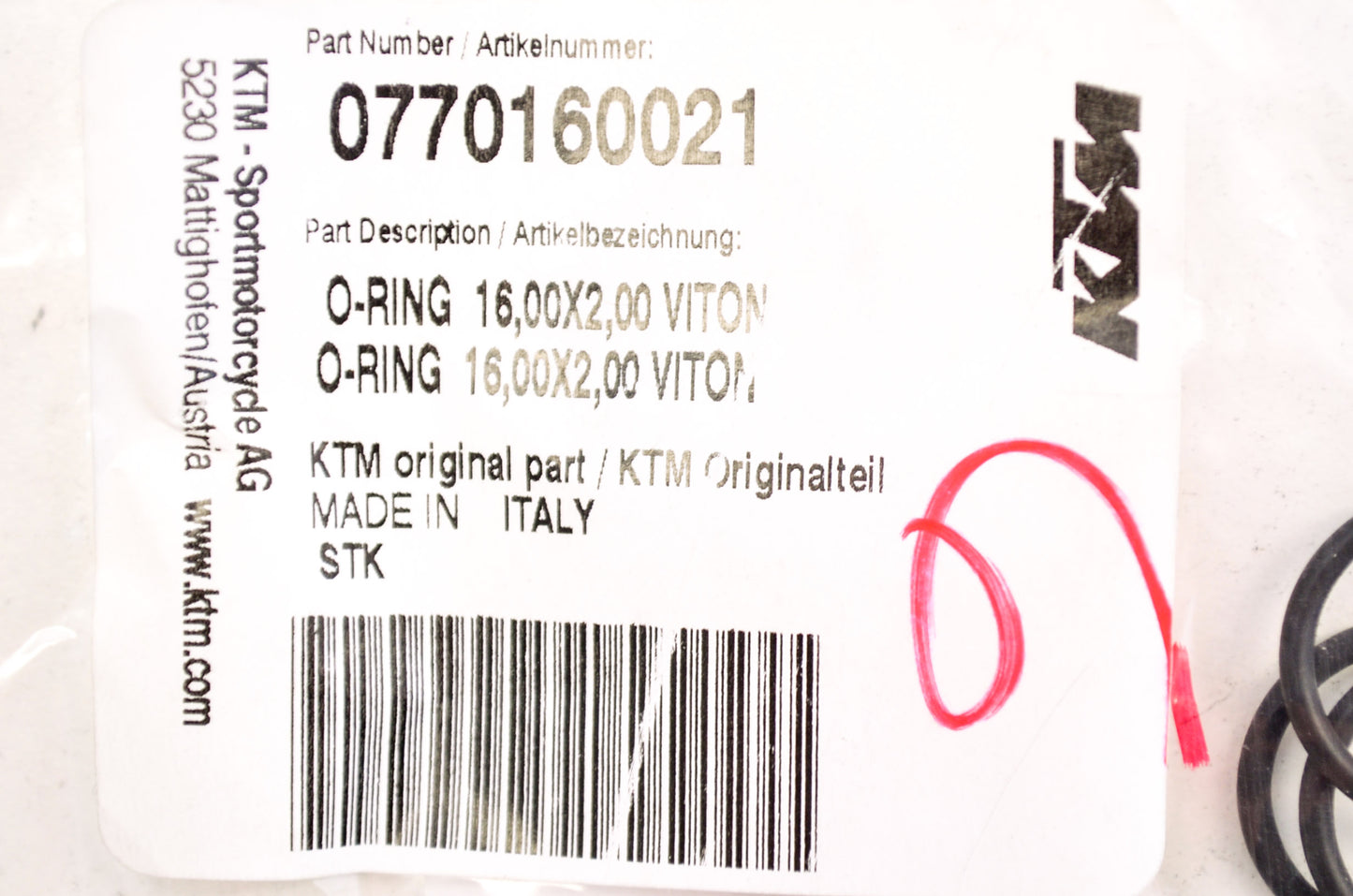 OEM KTM 770160021 O-Ring 16.00X2.00 Viton NOS