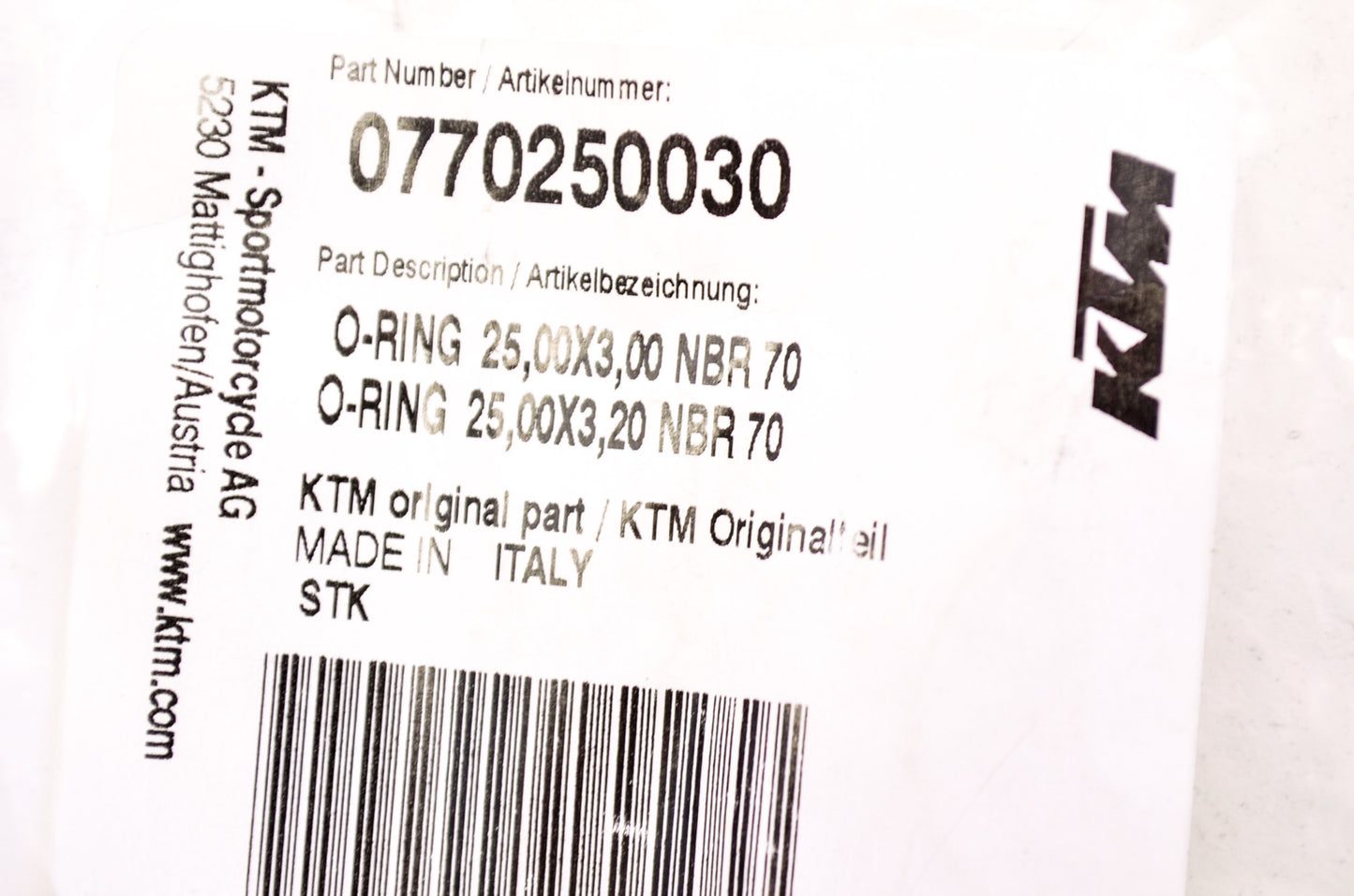 OEM KTM 770250030 O-Ring 25.00X3.00 NBR70 NOS