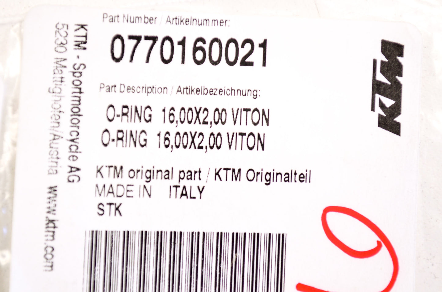 OEM KTM 770160021 O-Ring 16.00X2.00 Viton NOS