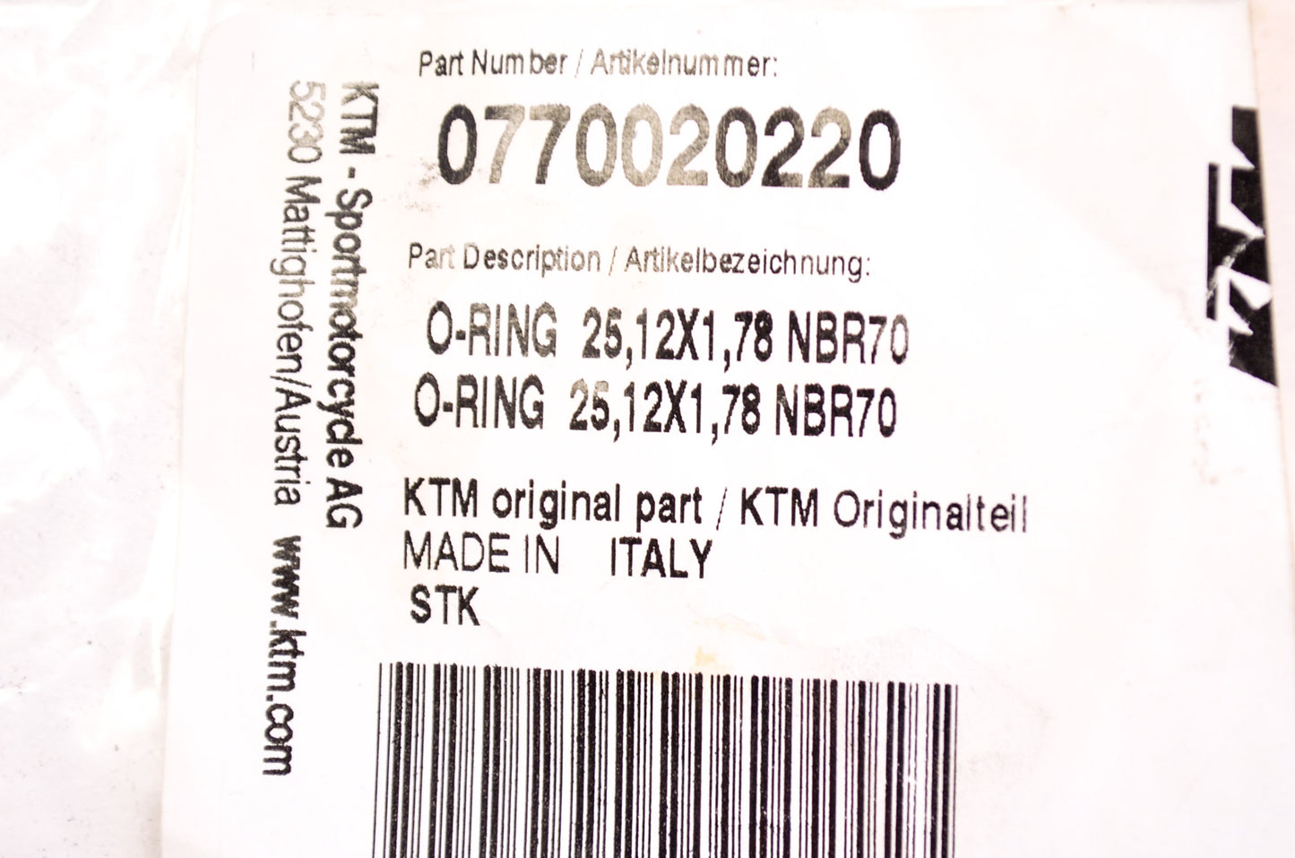 OEM KTM 770020220 O-Ring 25.12X1.78 NBR70 NOS