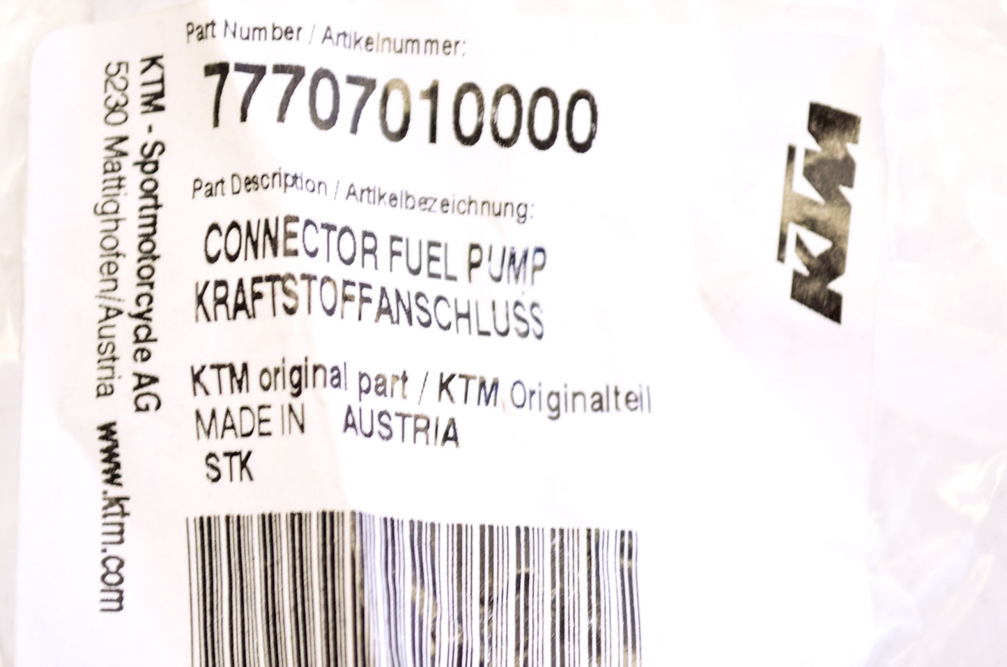 OEM KTM 77707010000 Fuel Pump Connector NOS