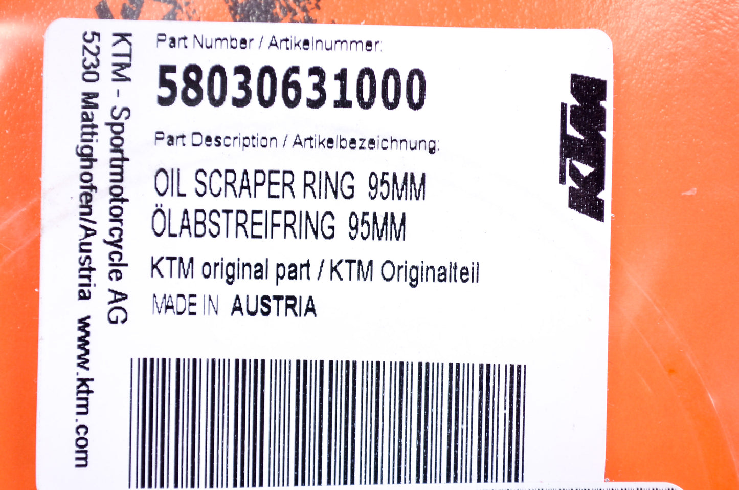 New OEM KTM Oil Scraper Ring 95mm NOS
