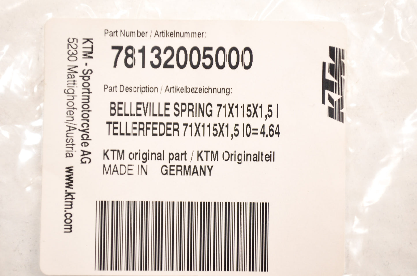 OEM KTM 78132005000 Belleville Spring 71x115x1.5 NOS