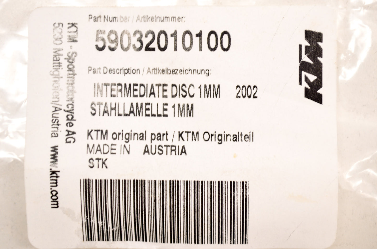 OEM KTM 59032010100 Intermediate Disc 1mm NOS