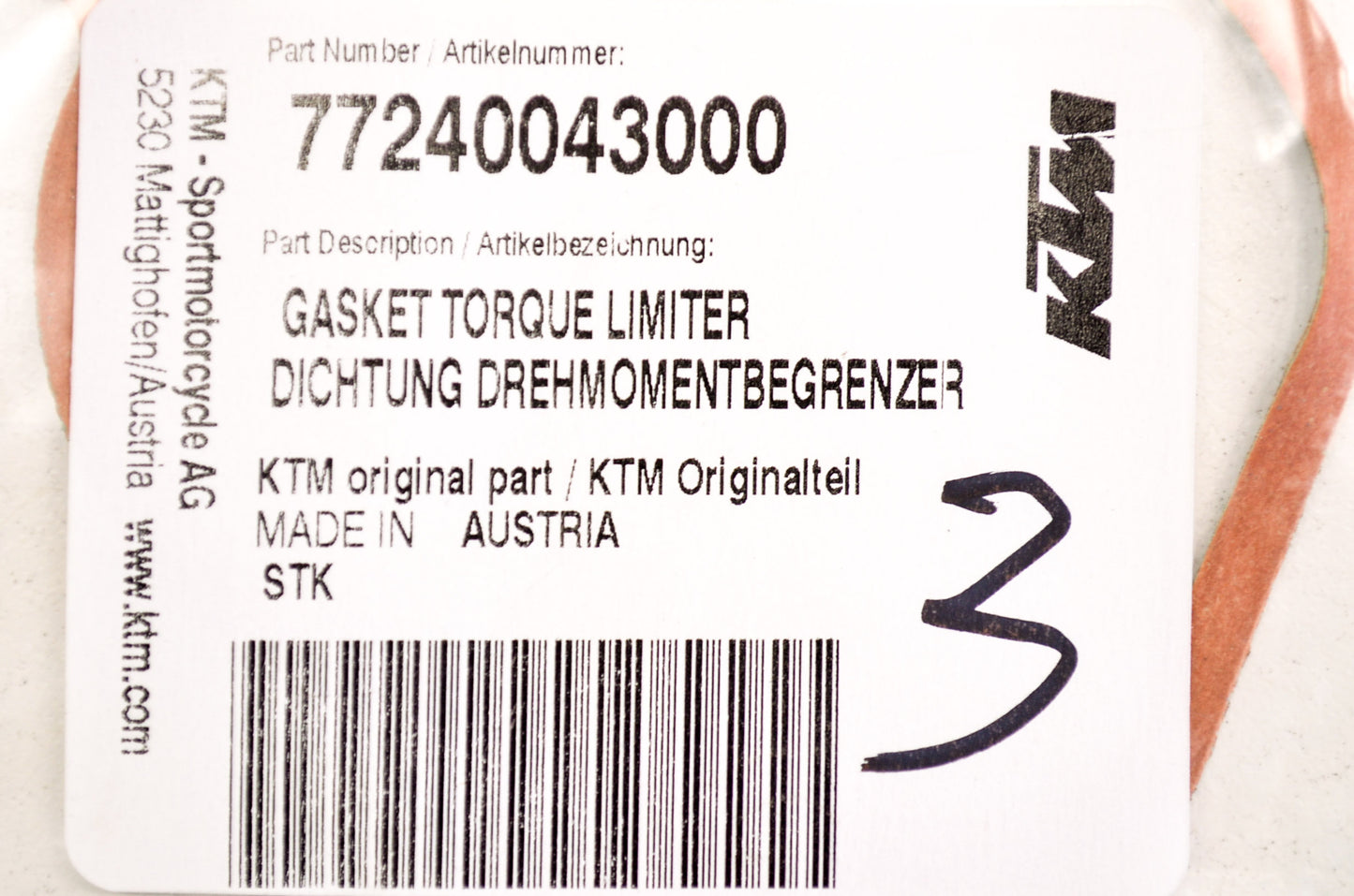 New OEM KTM Torque Limiter Gasket NOS