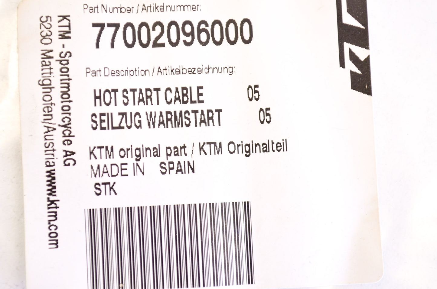 New OEM KTM Hot Start Cable NOS