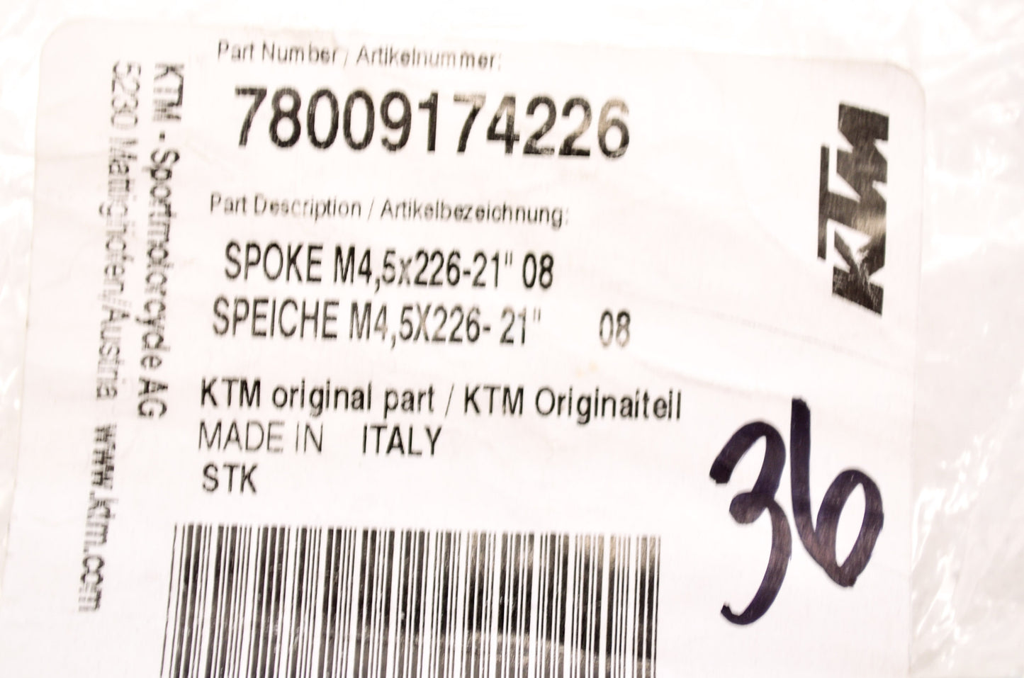 OEM KTM 78009174226 Spoke 4.5x226 21' NOS
