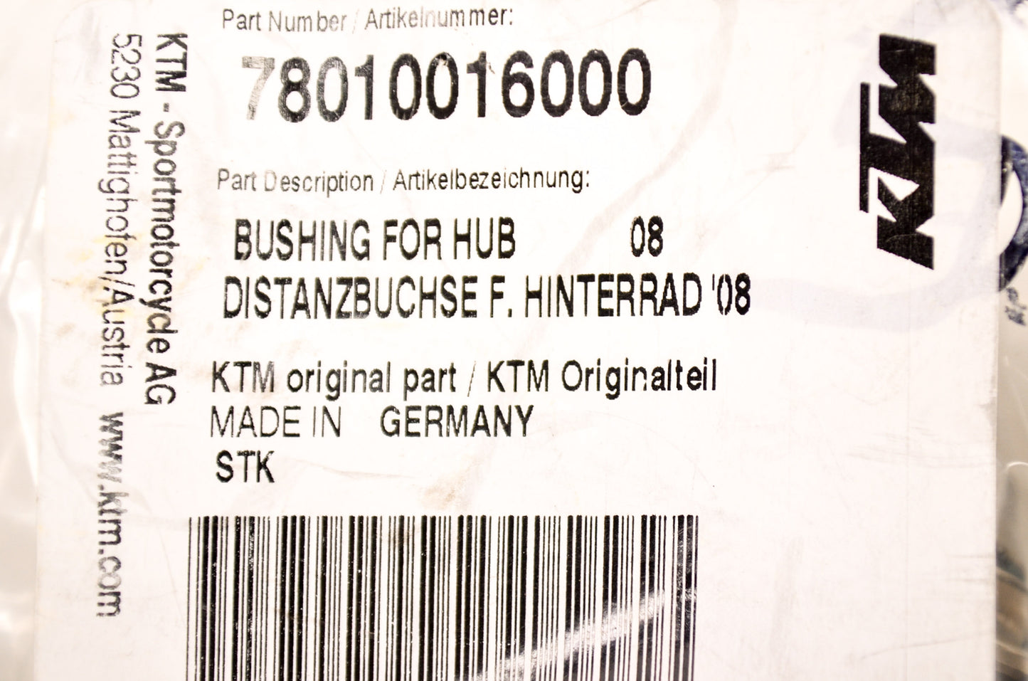 OEM KTM 78010016000 Hub Bushing NOS