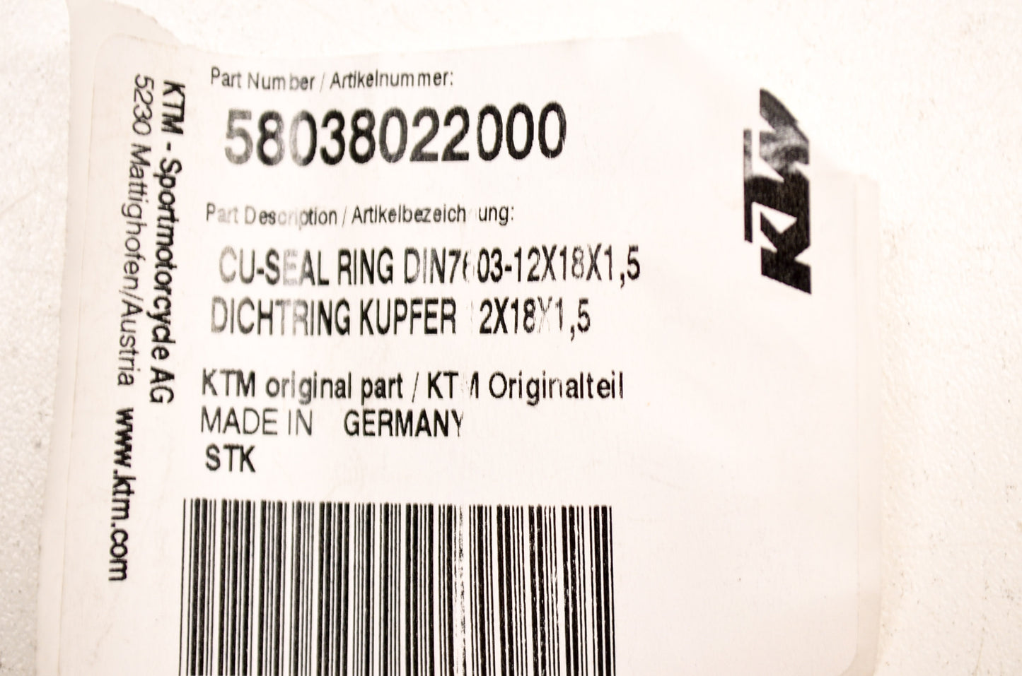 OEM KTM 58038022000 Copper Seal RIng DIN7603 12X18X1.5 NOS