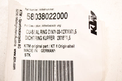 OEM KTM 58038022000 Copper Seal RIng DIN7603 12X18X1.5 NOS