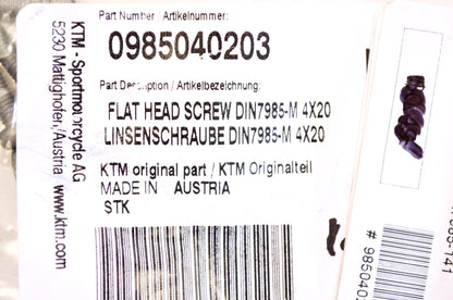 OEM KTM 985040203 Flat Head Screw DIN7985 M4X20 Qty 2 NOS