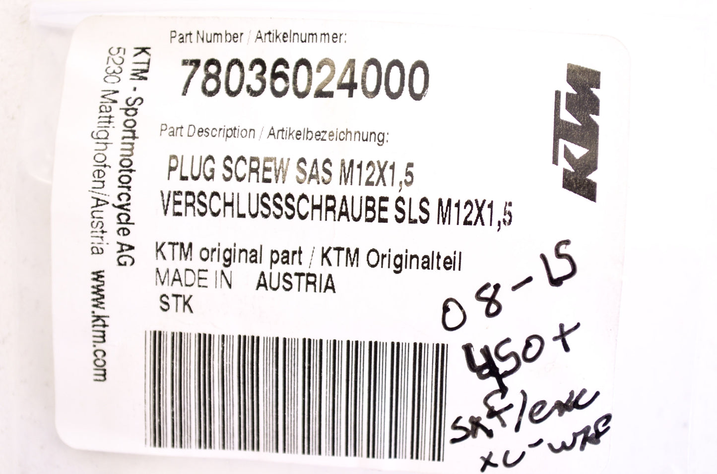 New OEM KTM Plug Screw 12x1.5 NOS