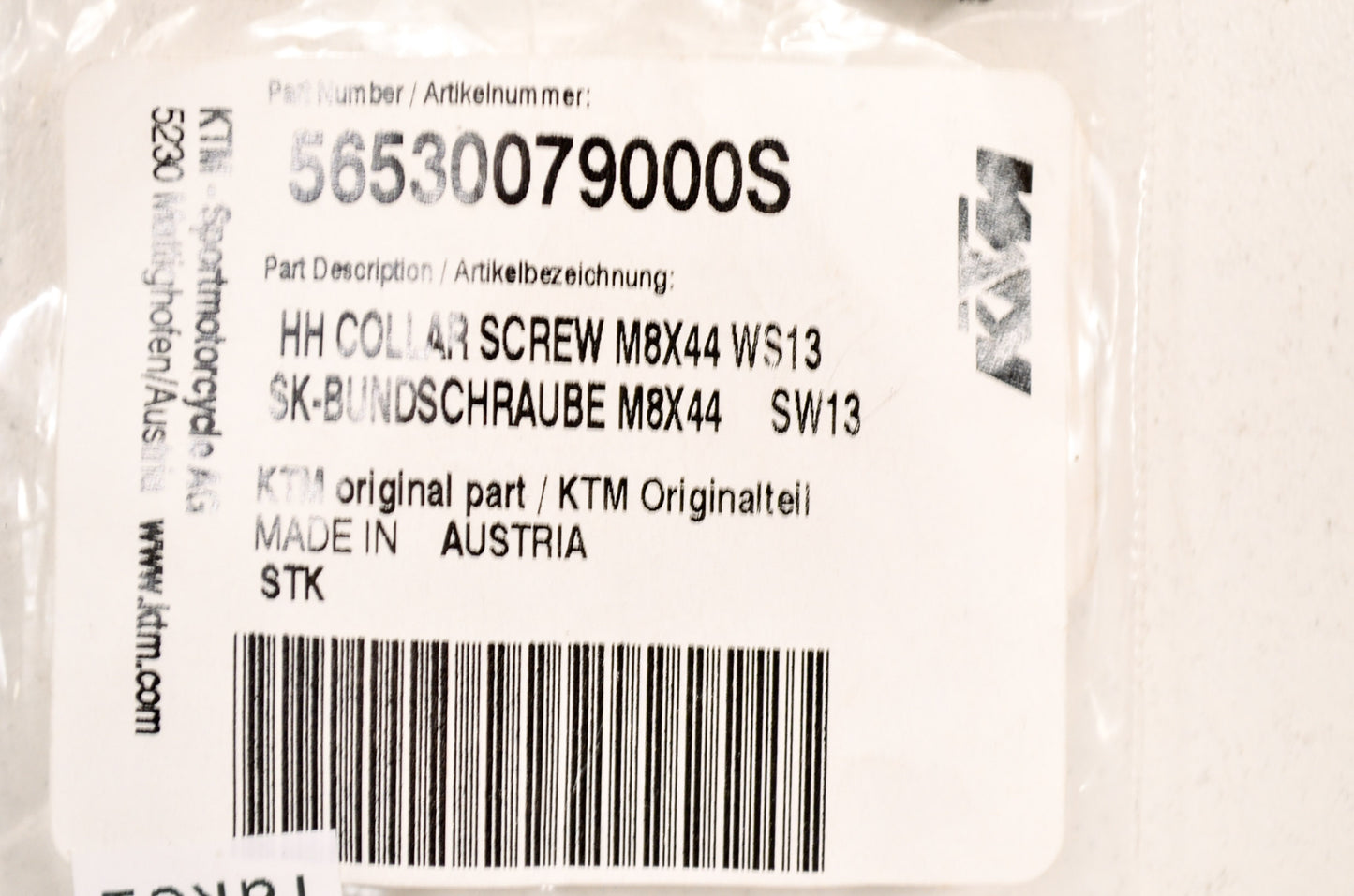 OEM KTM 56530079000S Hex Head Collar Screw M8X44 WS13 NOS