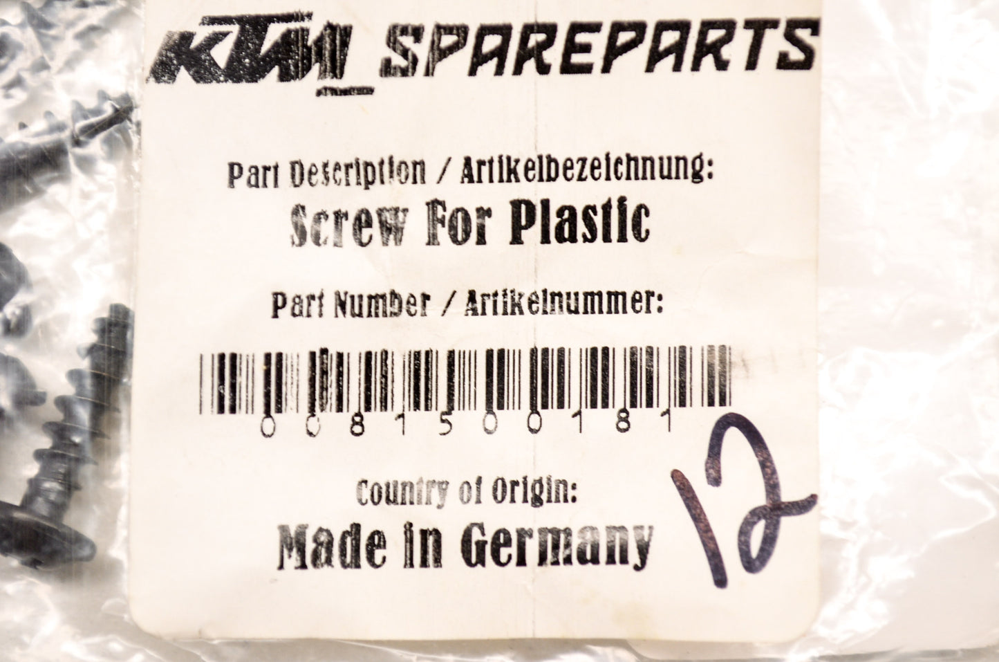 OEM KTM 81500181 Plastic Screw D=5X18 NOS