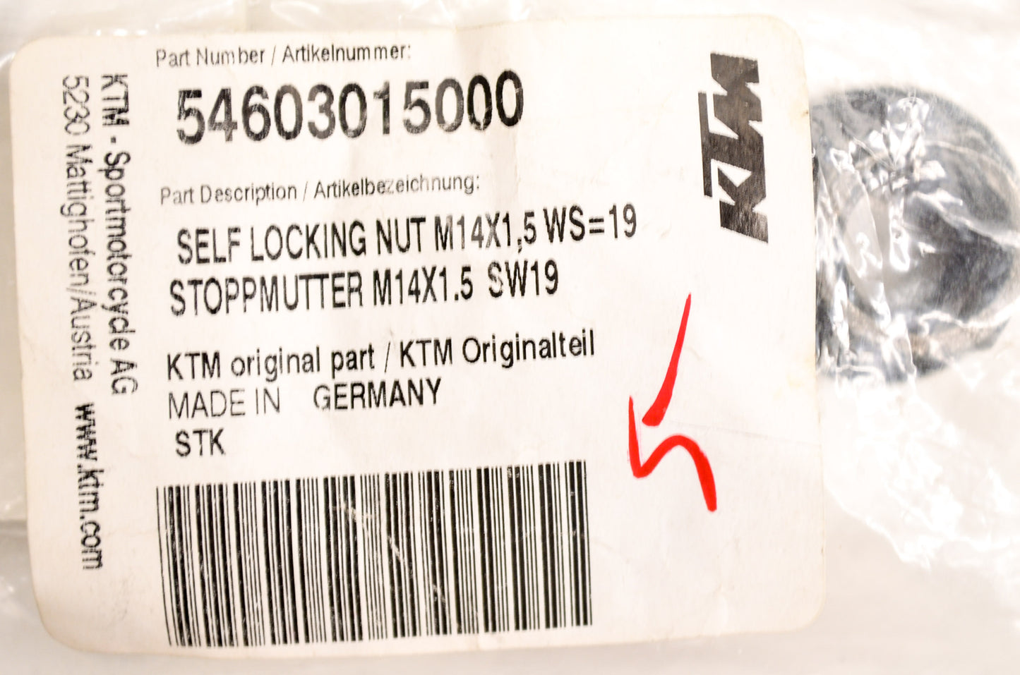 OEM KTM 54603015000 Self Locking Nut 14x1.5 NOS