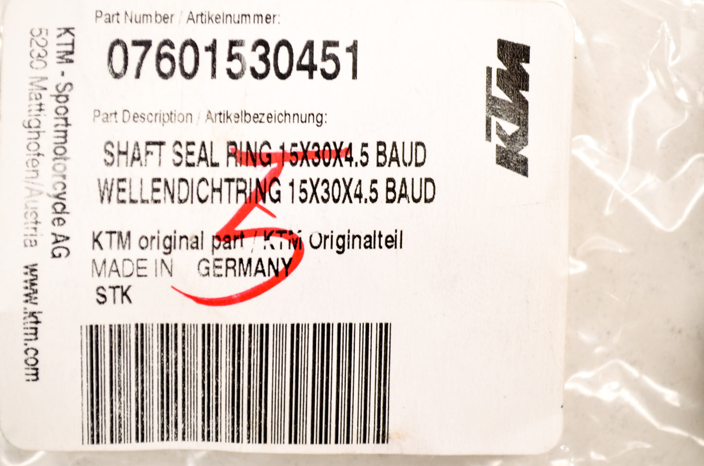 OEM KTM 7601530451 Shaft Seal Ring 15x30x4.5 BAUD NOS