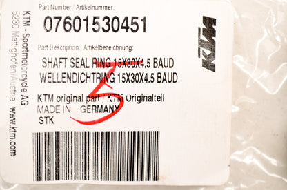 OEM KTM 7601530451 Shaft Seal Ring 15x30x4.5 BAUD NOS