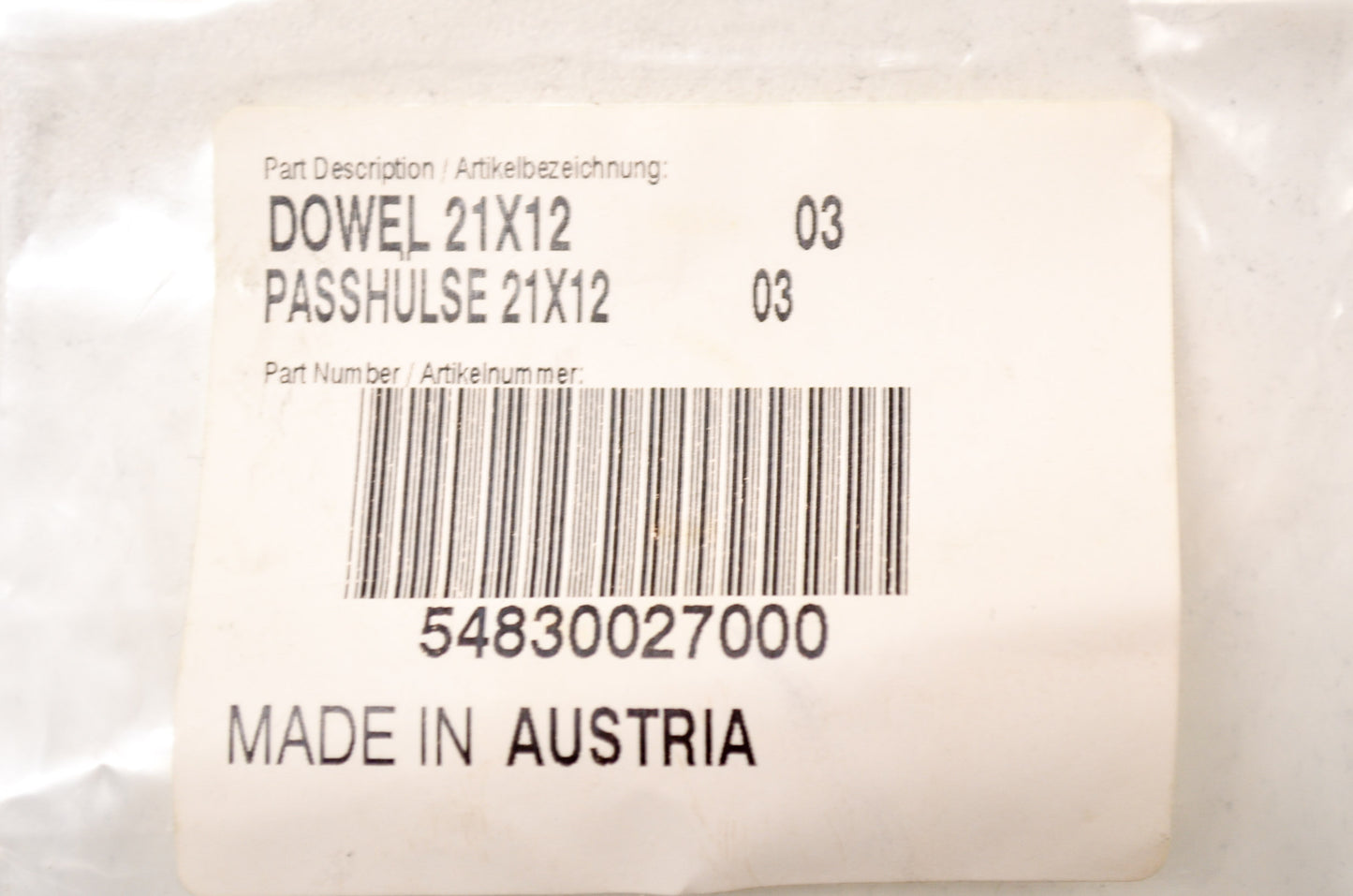 OEM KTM 54830027000 Dowel 21x12 NOS