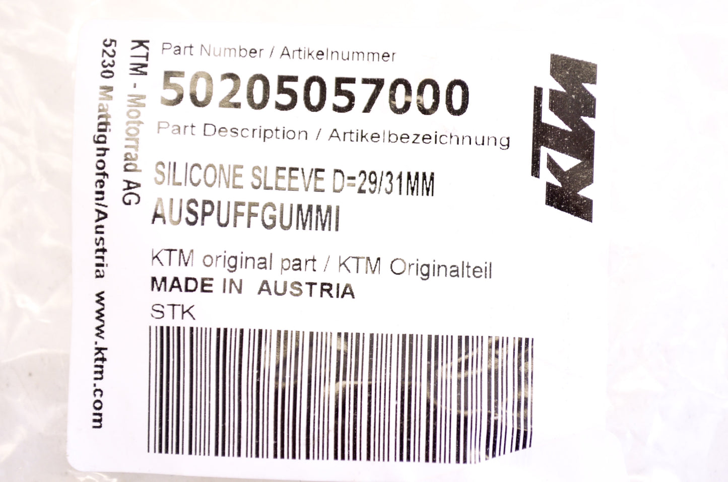 OEM KTM 50205057000 Silicone Sleeve D=29/31mm NOS