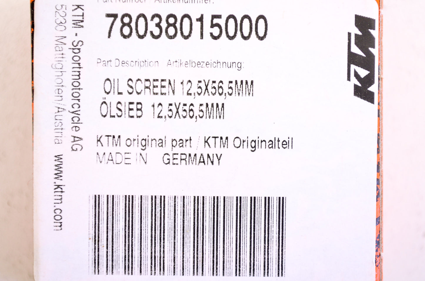 New OEM KTM Oil Screen 12.5x56.5mm NOS