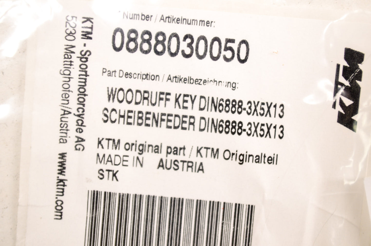 New OEM KTM Woodruff Key 3x5x13 NOS
