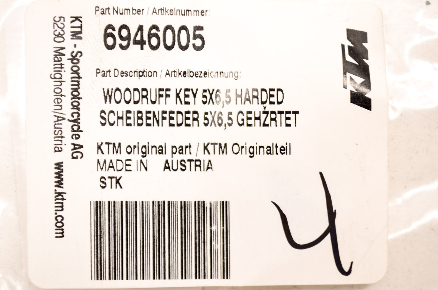 New OEM KTM Woodruff Key 5x6.5 NOS