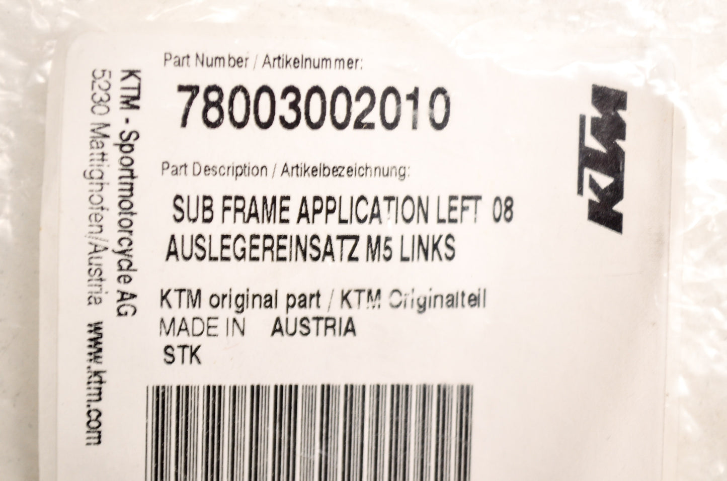 New OEM KTM Sub Frame Insert Left Side NOS