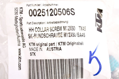 OEM KTM 0025120506S Hex Head Collar Screw M12X50 TX45 NOS
