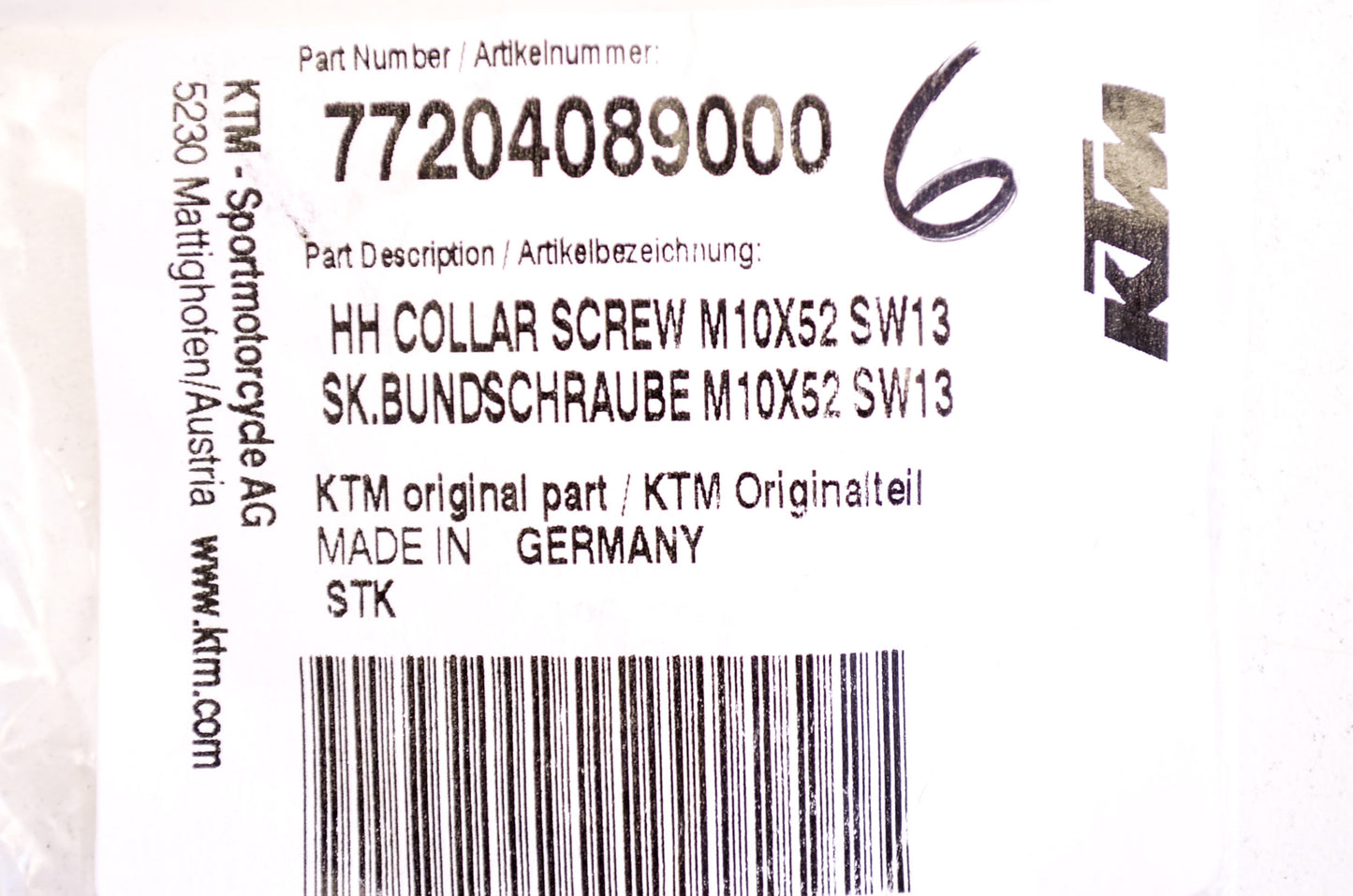 OEM KTM 77204089000 Hex Head Collar Screw M10X52 SW13 NOS