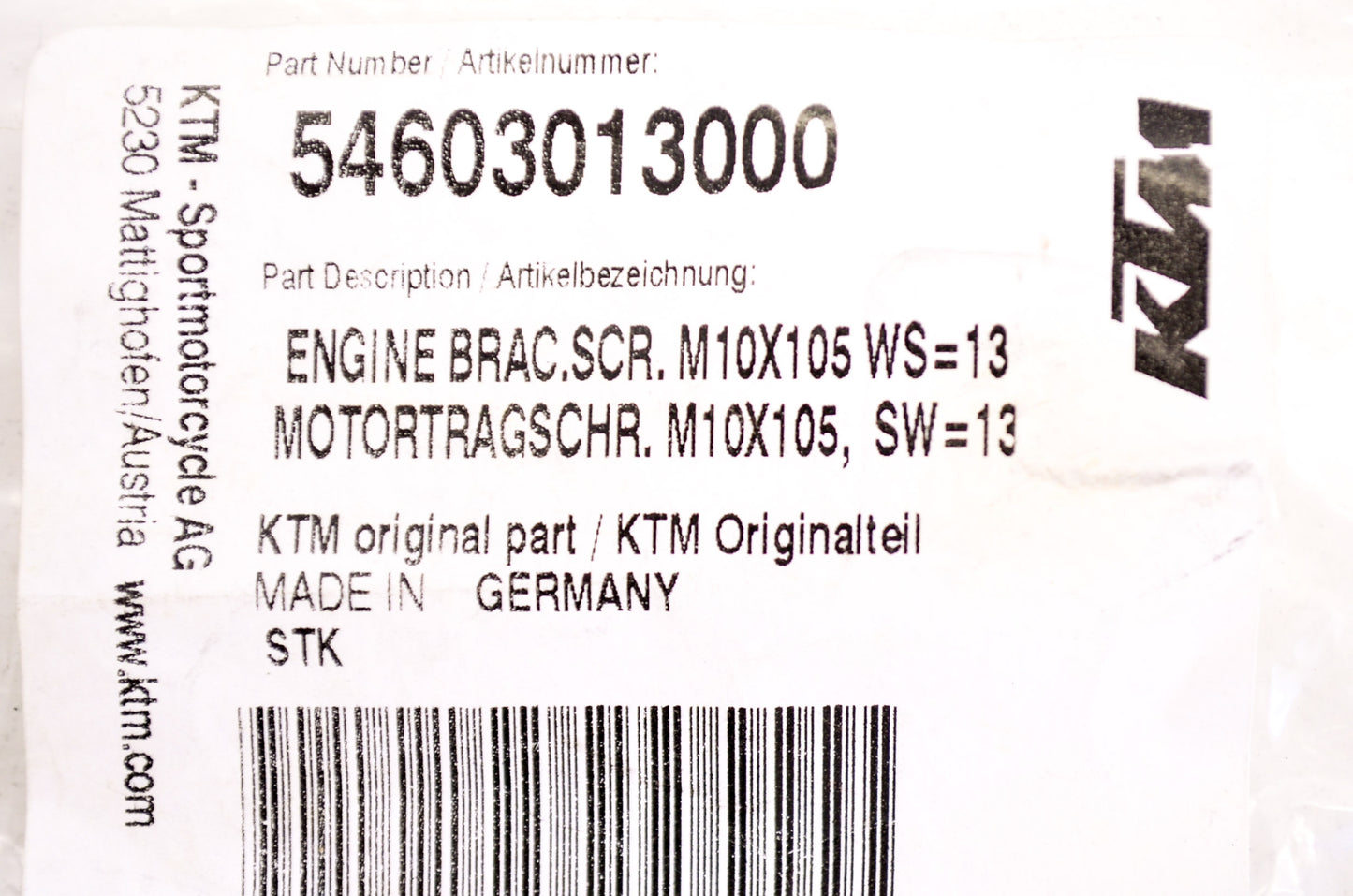 New OEM KTM Engine Bracket Screw 10x105 NOS