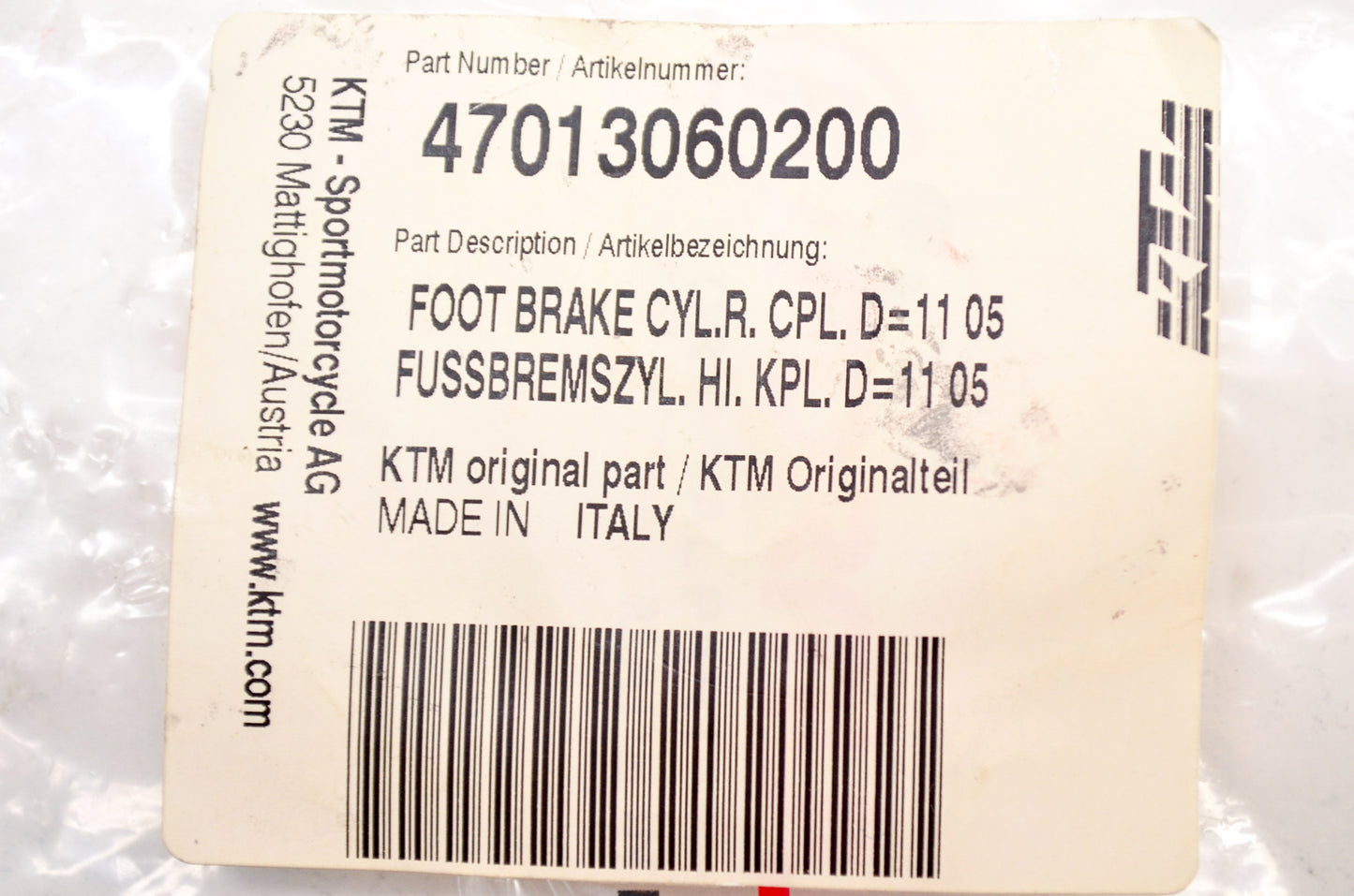 New OEM KTM Rear Foot Brake Cylinder NOS
