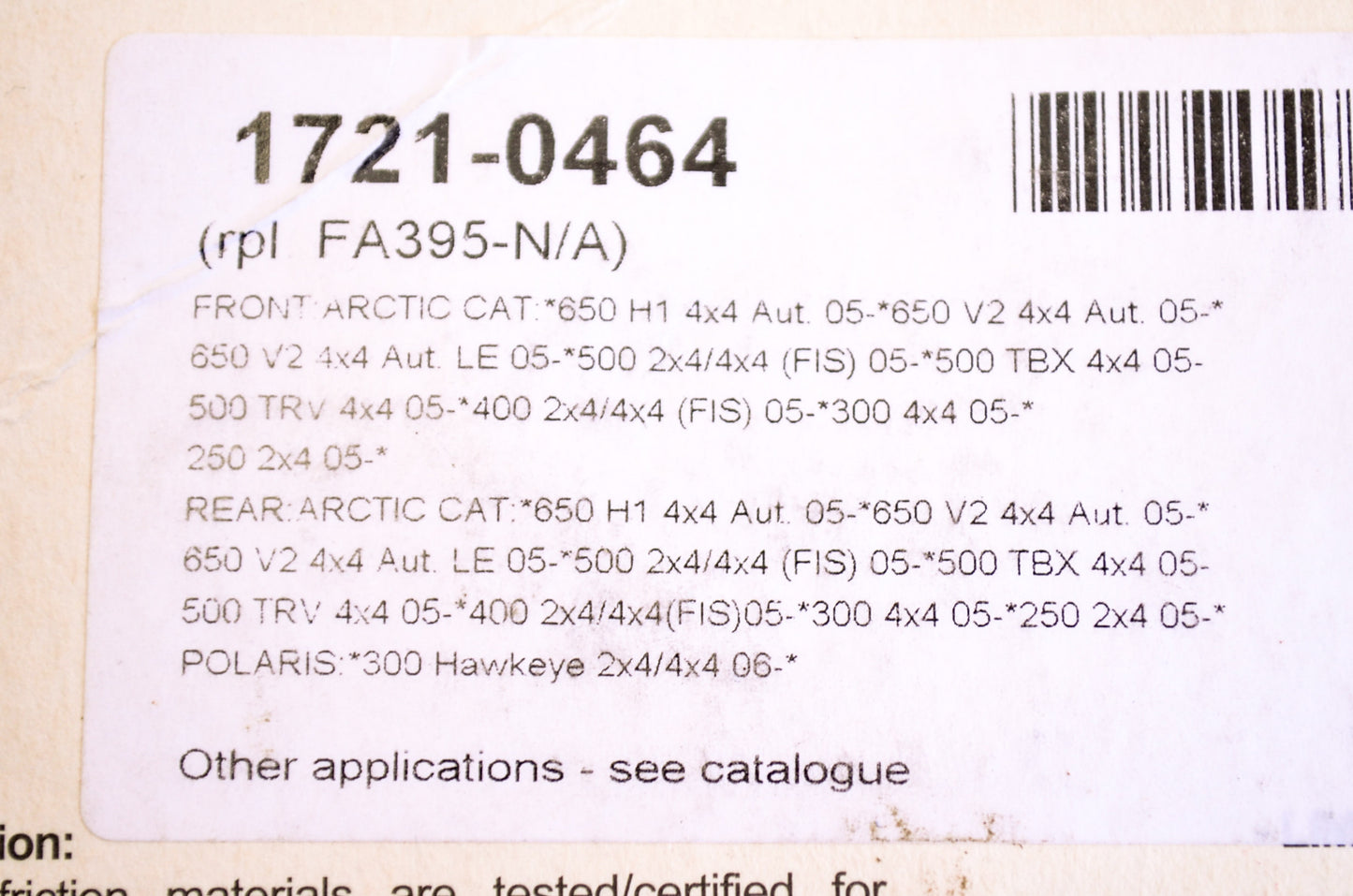 SBS 1721-0464, 822ATS, FA395 Sintered Brake Pad Pair NOS