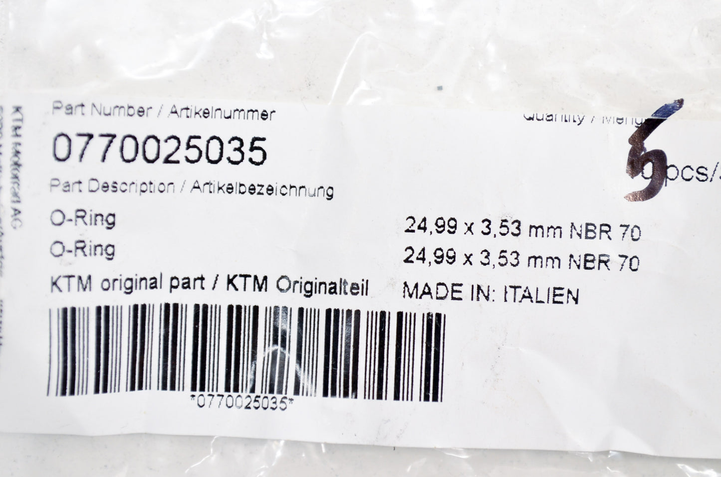 OEM KTM 770025035 O-Ring 25X3.55 NBR70 NOS