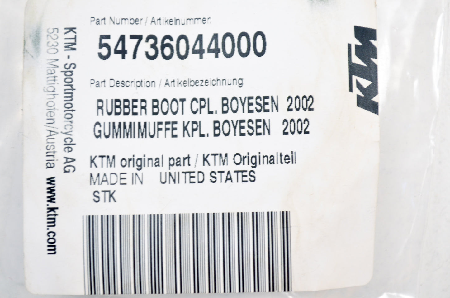 OEM KTM 54736044000 Rubber Boot NOS