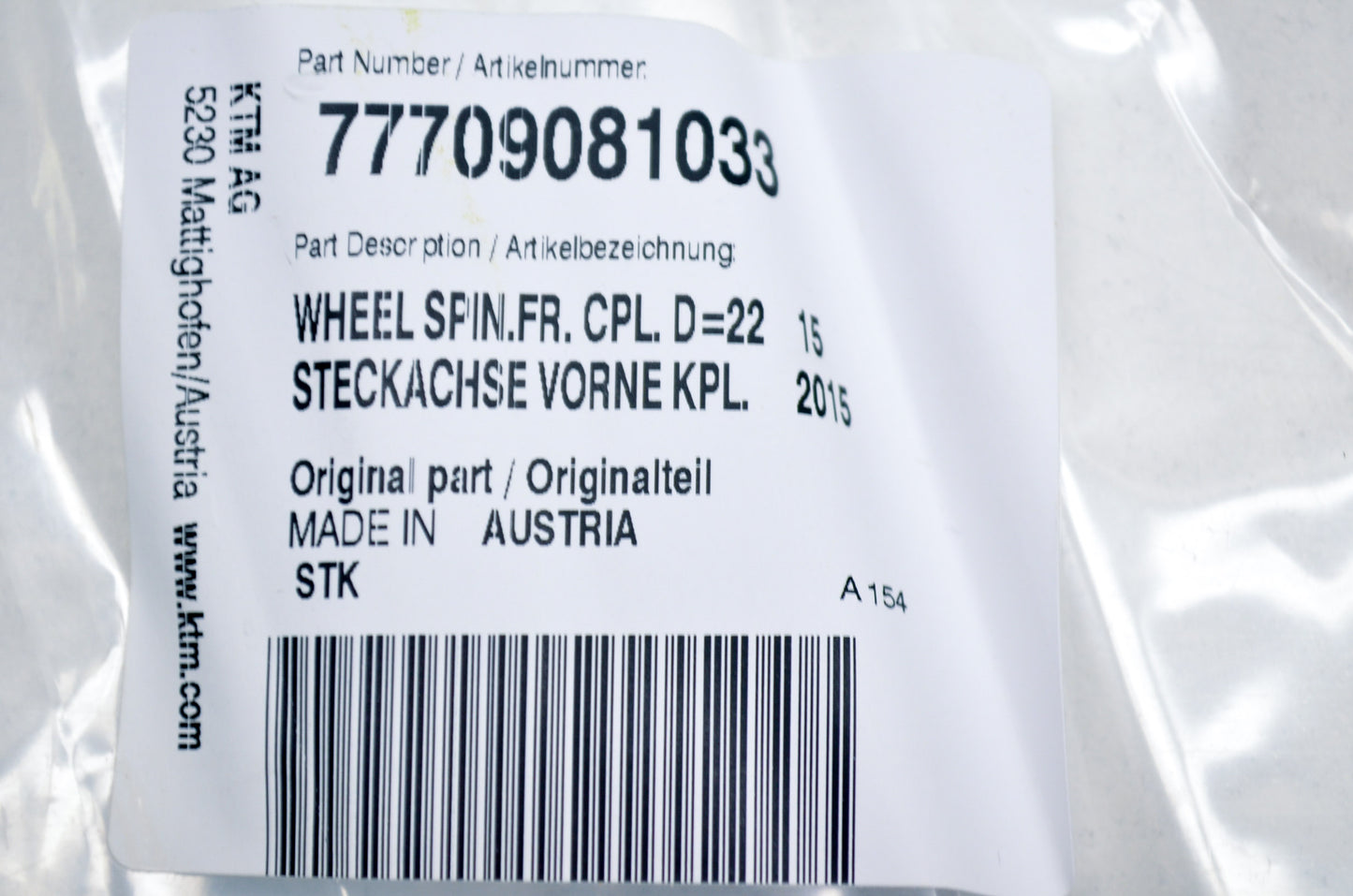 OEM KTM 77709081033 Front Axle NOS