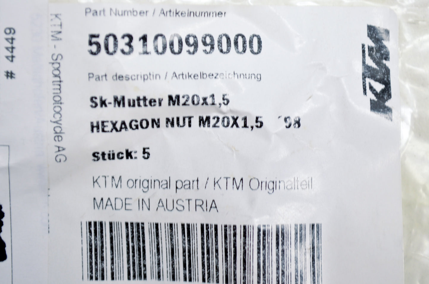 New OEM KTM Hexagon Nut 20x1.5 NOS