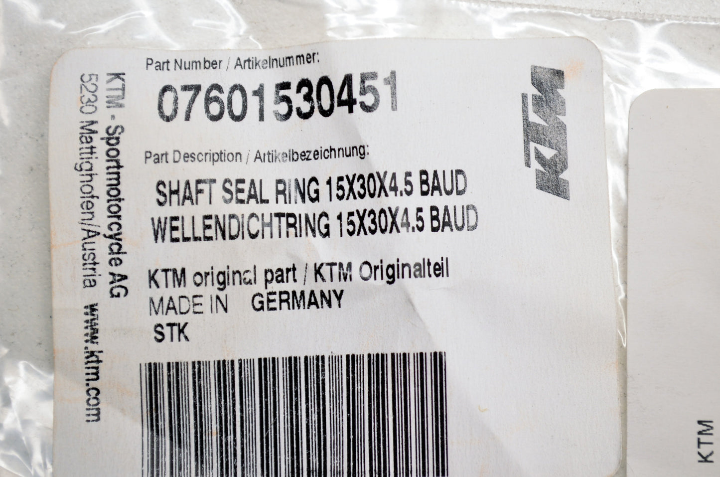 OEM KTM 7601530451 Shaft Seal Ring 15x30x4.5 BAUD NOS