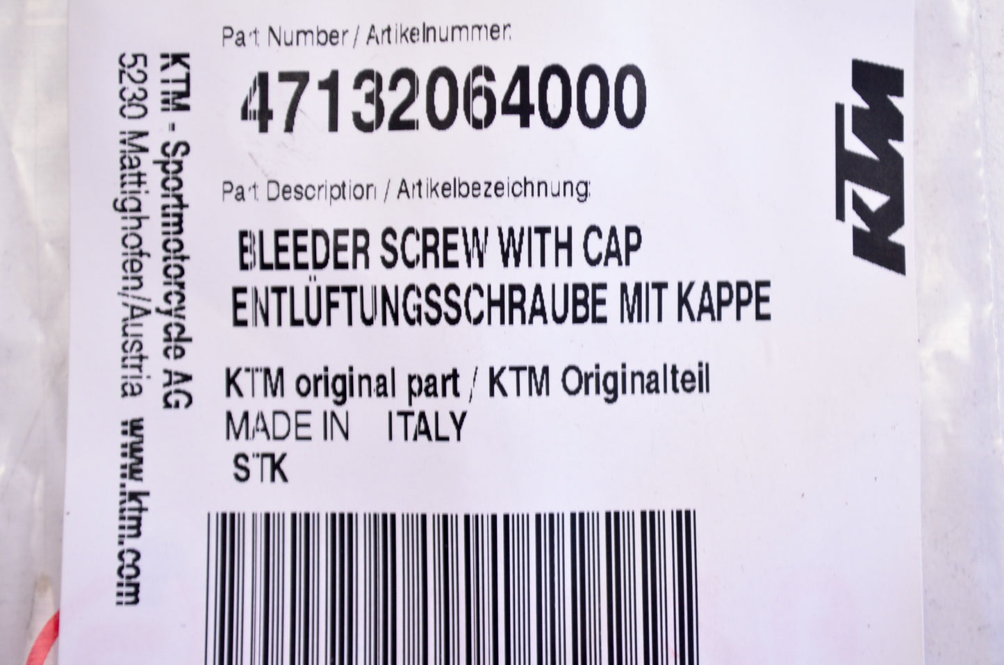 OEM KTM 47132064000 Bleeder Screw w/ Cap NOS