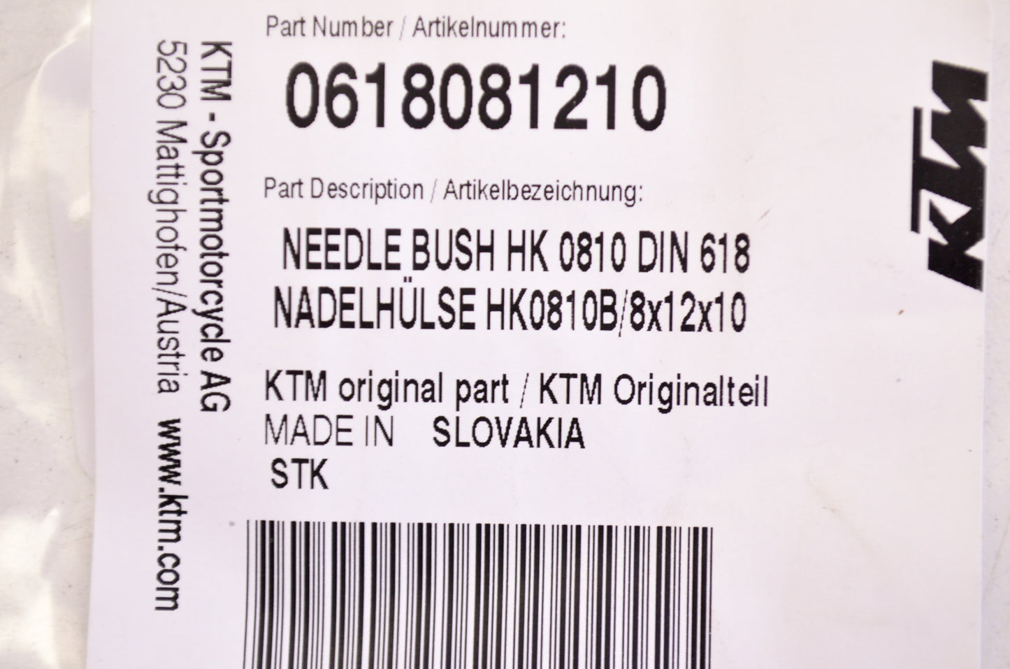 OEM KTM 618081210 Needle Bushing NOS