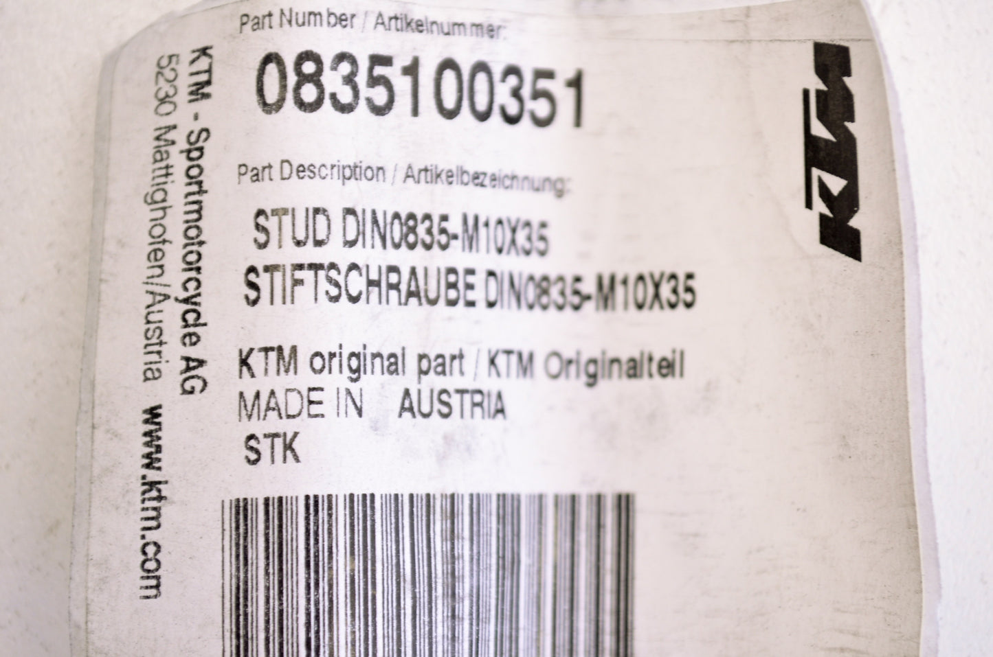 OEM KTM 835100351 Stud M10x35 NOS