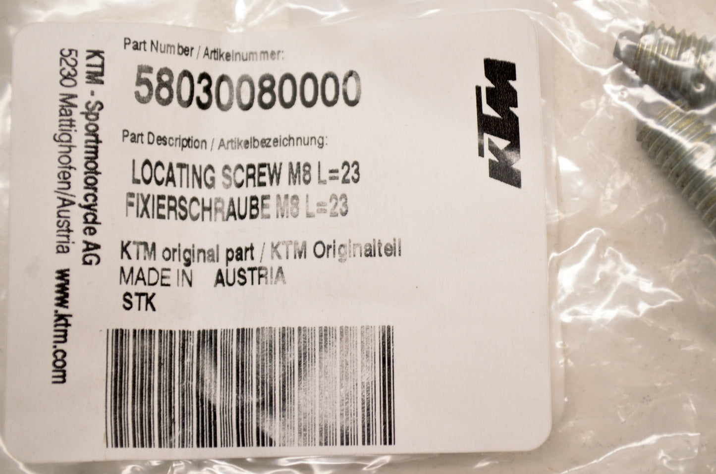 OEM KTM 58030080000 Locating Screw M8 L=23 NOS