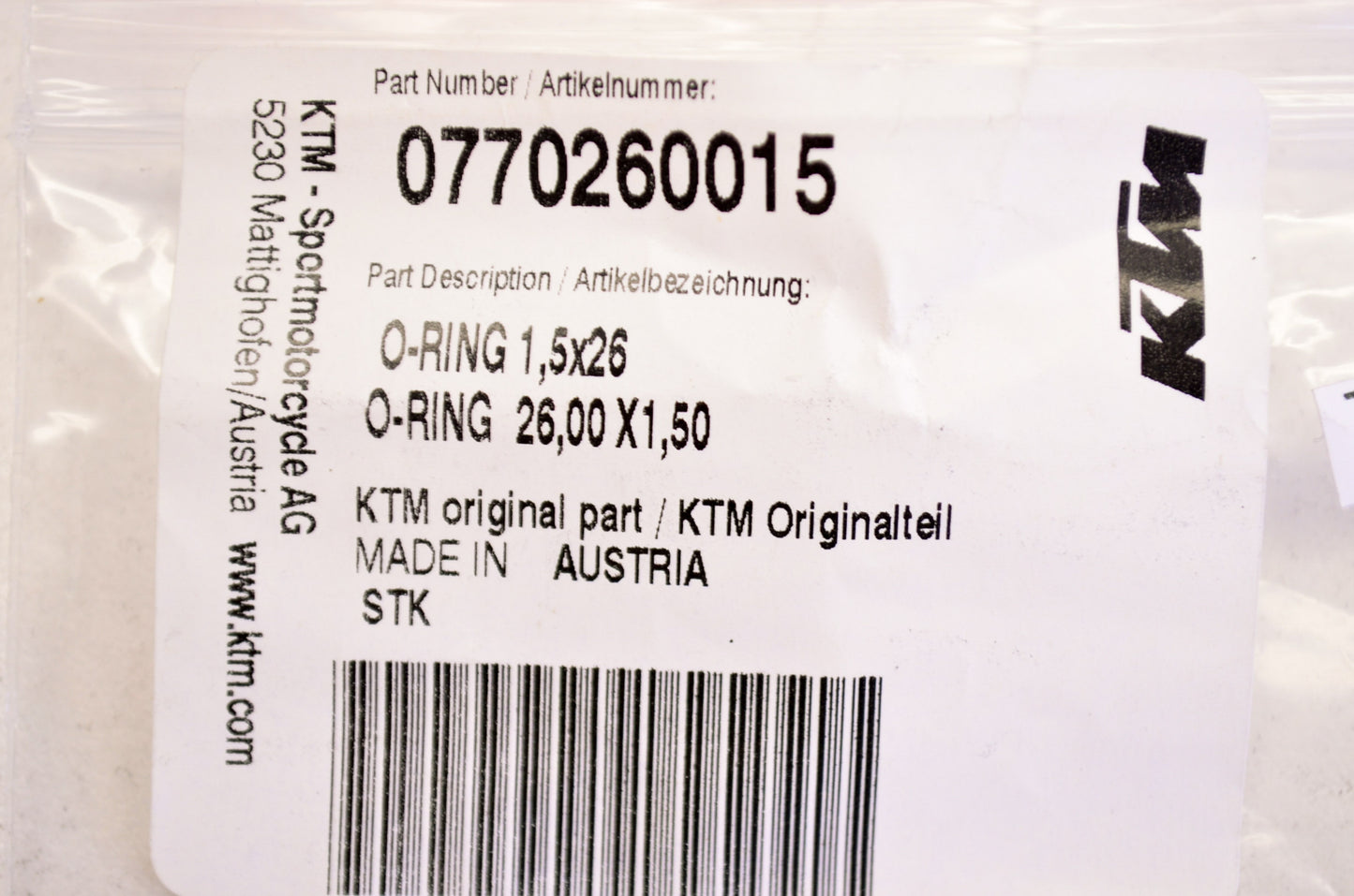 OEM KTM 770260015 O-Ring 1.5x26 NOS