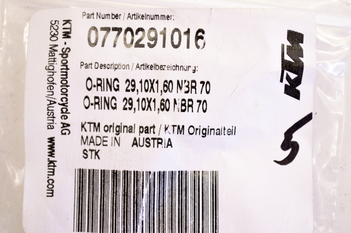 OEM KTM 770291016 O-Ring 29.10X1.60 NBR70 Qty 2 NOS