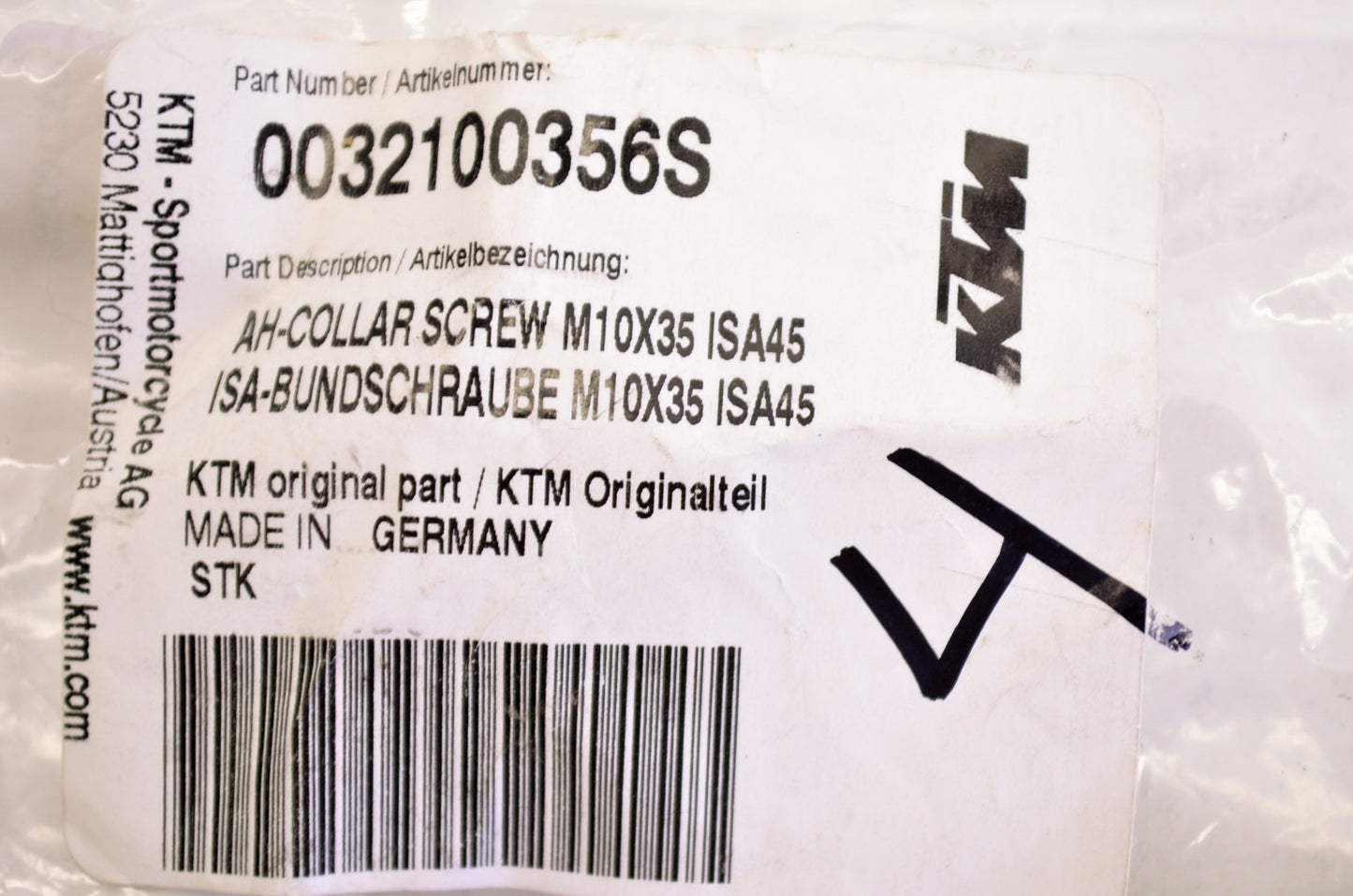 OEM KTM 0032100356S Allen Head Collar Screw M10X35 ISA45 NOS