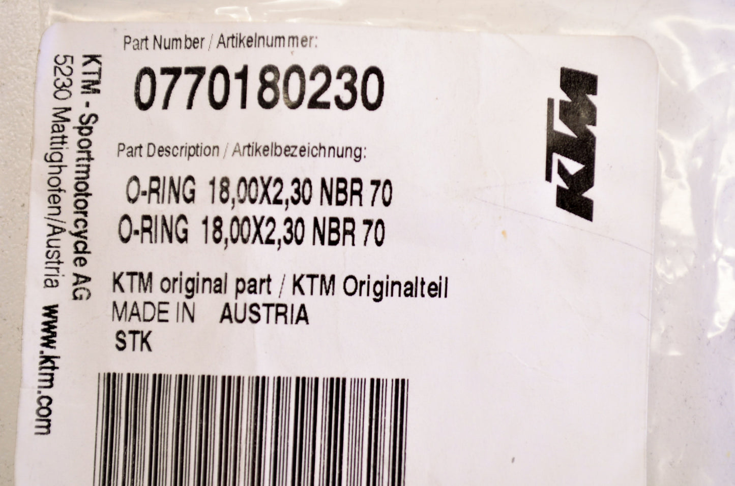 OEM KTM 770180230 O-Ring 18.00X2.30 NBR70 NOS