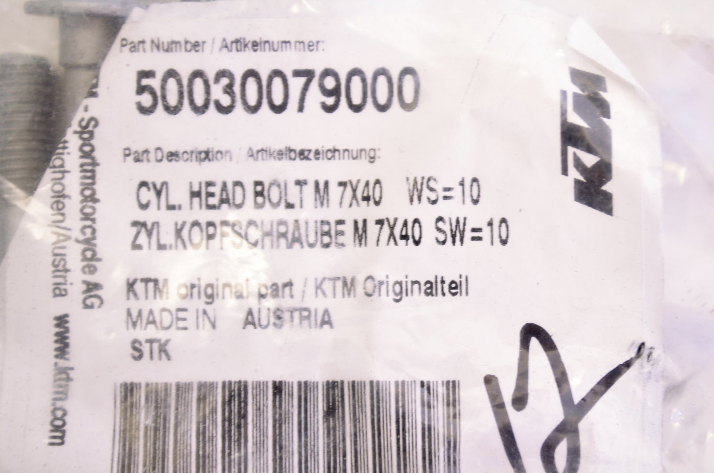New OEM KTM Cylinder Head Bolt 7x40 NOS